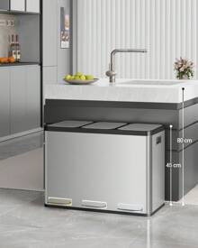 Hzuaneri Cubo de basura de cocina, sistema de separación de residuos 3 compartimentos 45L (3 x 15L), cubo de basura de cocina de acero inoxidable, cubo de basura con pedales de colores, cubo de basura silencioso de descenso lento, color plata