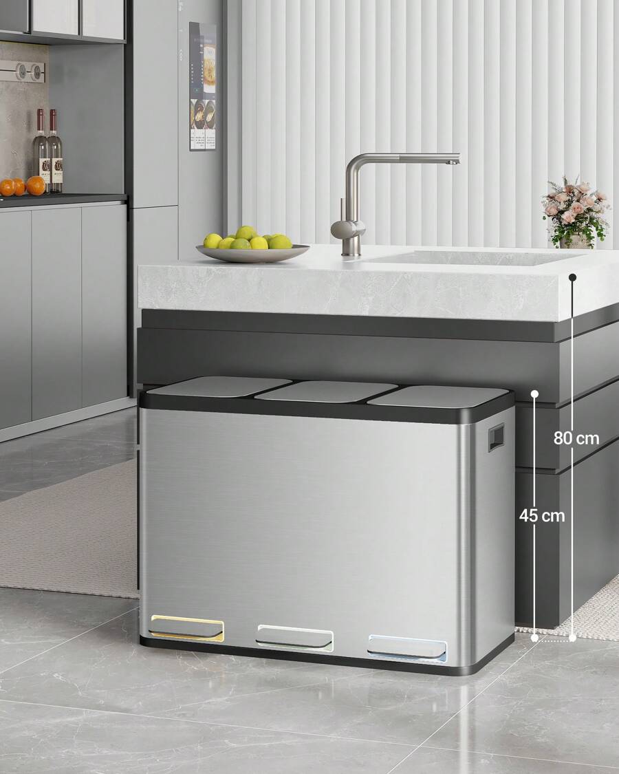 Hzuaneri Cubo de basura de cocina, sistema de separación de residuos 3 compartimentos 45L (3 x 15L), cubo de basura de cocina de acero inoxidable, cubo de basura con pedales de colores, cubo de basura silencioso de descenso lento, color plata