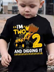 Kids' Cotton T - Shirt With "I'M TWO AND DIGGING IT" & Excavator Graphic, Soft Cotton Crew Neck Short Sleeve T-Shirt For Spring & Summer - 黑色 - 查看 1