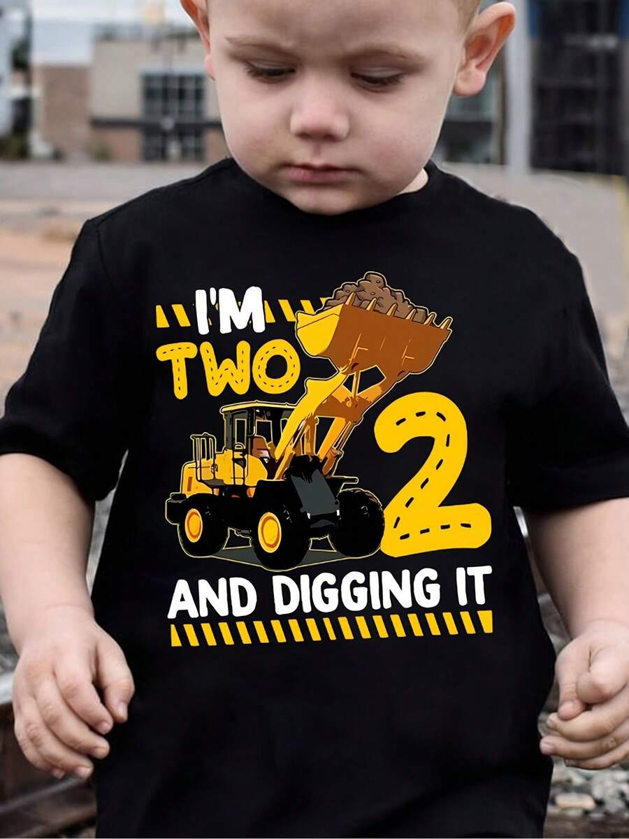 Kids' Cotton T - Shirt With "I'M TWO AND DIGGING IT" & Excavator Graphic, Soft Cotton Crew Neck Short Sleeve T-Shirt For Spring & Summer - 黑色 - 查看 1