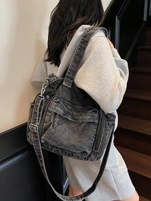 Túi tote jeans nhiều ngăn thời trang mới, túi đeo vai cỡ lớn đa năng dành cho nữ, túi đi học kiểu sinh viên, túi đeo chéo jeans cỡ trung, phù hợp cho đi làm, mua sắm, sử dụng hàng ngày và đi học, hoàn hảo cho phong cách cao bồi. - màu đen - Xem 9