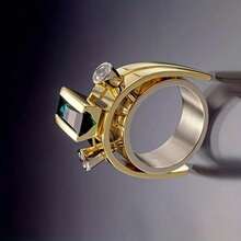 [Golden Emerald Ring] Stylish Golden-Tone Elegant Women's Ring - Synthetic Emerald And Diamond Accents, Alloy Material, Perfect For Daily Wear Or Y2K/Simple Style Parties - 彩色 - 查看 5