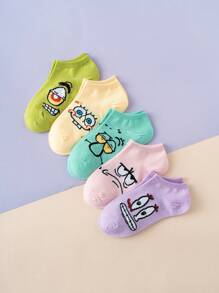SPONGEBOB 5 Pairs Cartoon Spongebob Printed Colorful Jacquard Pattern Kids Socks, Breathable & Durable Sports Socks Suitable For All Seasons, European Size, Comfortable To Wear, Rich In Colors, Ideal For Daily Matching