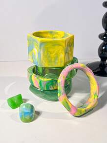 1 pieza Nuevo brazalete de resina transparente, diseño geométrico de color brillante, teñido degradado tipo macarrón, versátil para banquetes y fiestas, se puede usar durante todo el año, brazalete verde