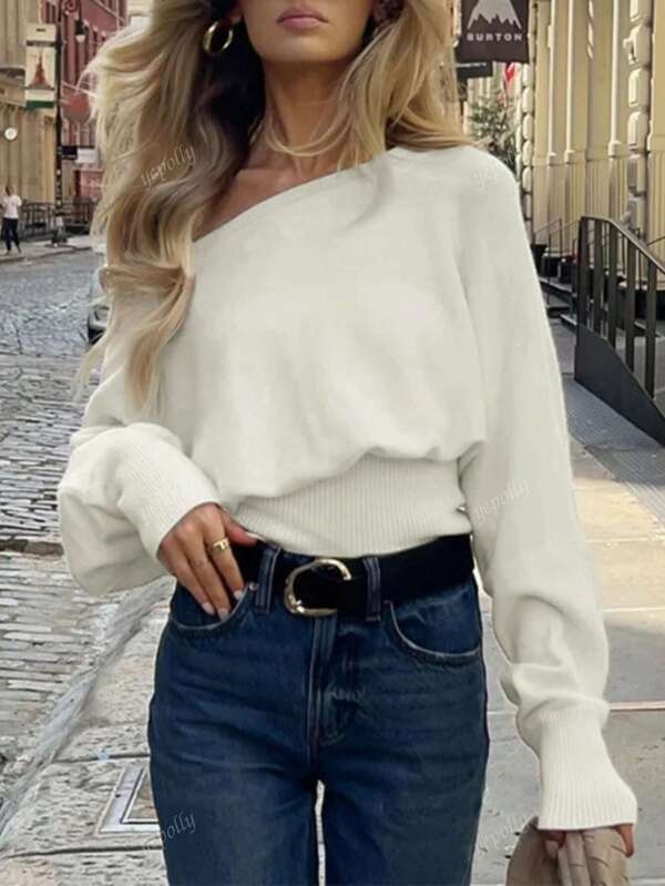 Blusa feminina casual elegante de cor sólida com ombros de fora, manga comprida, pulôver regular de malha com ombros de fora, blusa curta fofa, primavera verão outono