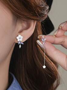 BALMORA 1 Pair 925 Sterling Silver Luxury Elegant Shell Flower Asymmetric Tassel Blue Cubic Zirconia Stud Earrings, Suitable For Women's Daily Wear, Friendship Jewelry Gift - Silver - View 3