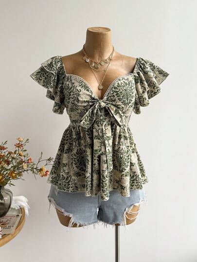 Rusttydustty Blusa verde de manga corta con lazo delantero, estilo boho, para mujer de talla grande