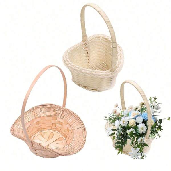 3pcs Picnic Floral Basket, Handled Wicker Basket, Small Woven Basket, Handmade Basket, For Hanging Decor, Storage, Wedding