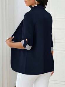 SHEIN Lady 缺口领卷袖西装外套 - 藏蓝色 - 查看 2