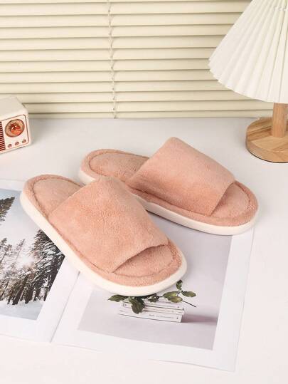 1pc Plush Warm & Lightweight, Foldable, Solid Color Open Toe Slippers, 2cm Flat Bottom, Casual Women House Slippers, Suitable For Indoor/Outdoor Wear, Suitable For Autumn & Winter
