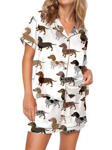 Funny Graphic Women Set Button Down Short Sleeve Top And Shorts Pjs Sets Sleepwear XS-XXL - Floral Pink - 查看 8