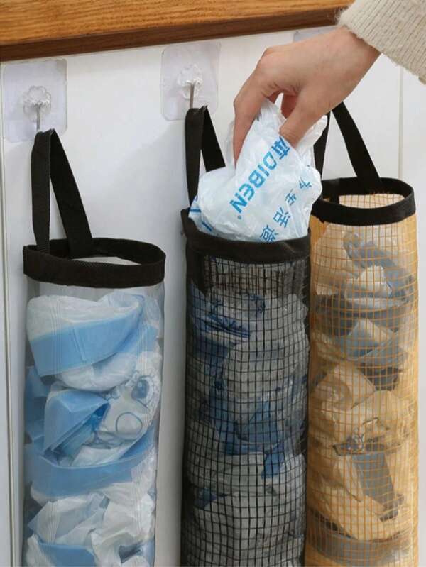 1pc Hanging Durable Garbage Bag Holder, Plastic Bag Dispenser, Mesh Hanging Storage Organizer, Foldable Breathable Washable Hanging Mesh Trash Bag Holder, Multifunctional Household Kitchen Supplies, Space-Saving Mesh Plastic Bag Rack - Breathable, Washable, Foldable - Ideal For Kitchen Organization, Durable Washable Trash Bag Rack, Cleaning Supplies, Home Essentials, Back To School Necessities (Random Color And Style)