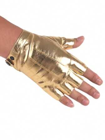 1 Pair Men's Stripe Half Finger Shiny Leather Gloves, Fashion Accessory For Stage Performance, Spring/Summer