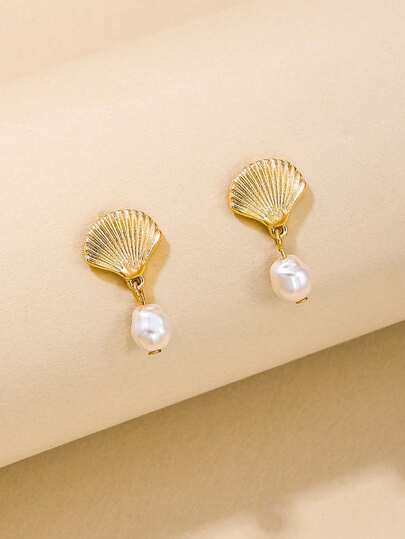 1 Pair Fashion Simple Shell/Starfish Stud Earrings For Women, Suitable For Beach & Vacation