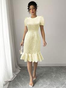 Abito elegante da donna con stampa floreale e tessuto lavorato, adatto per serate, matrimoni, ufficio, casual, stagione estiva