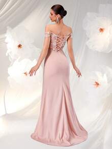 ADYCE Elegant Summer Women's Off Shoulder Hollow Three Dimensional Flower Split Back Strap Ball Party Dress Embroidery Position Random,Gown,Formal,Evening,Wedding Guest - Baby Pink - View 2