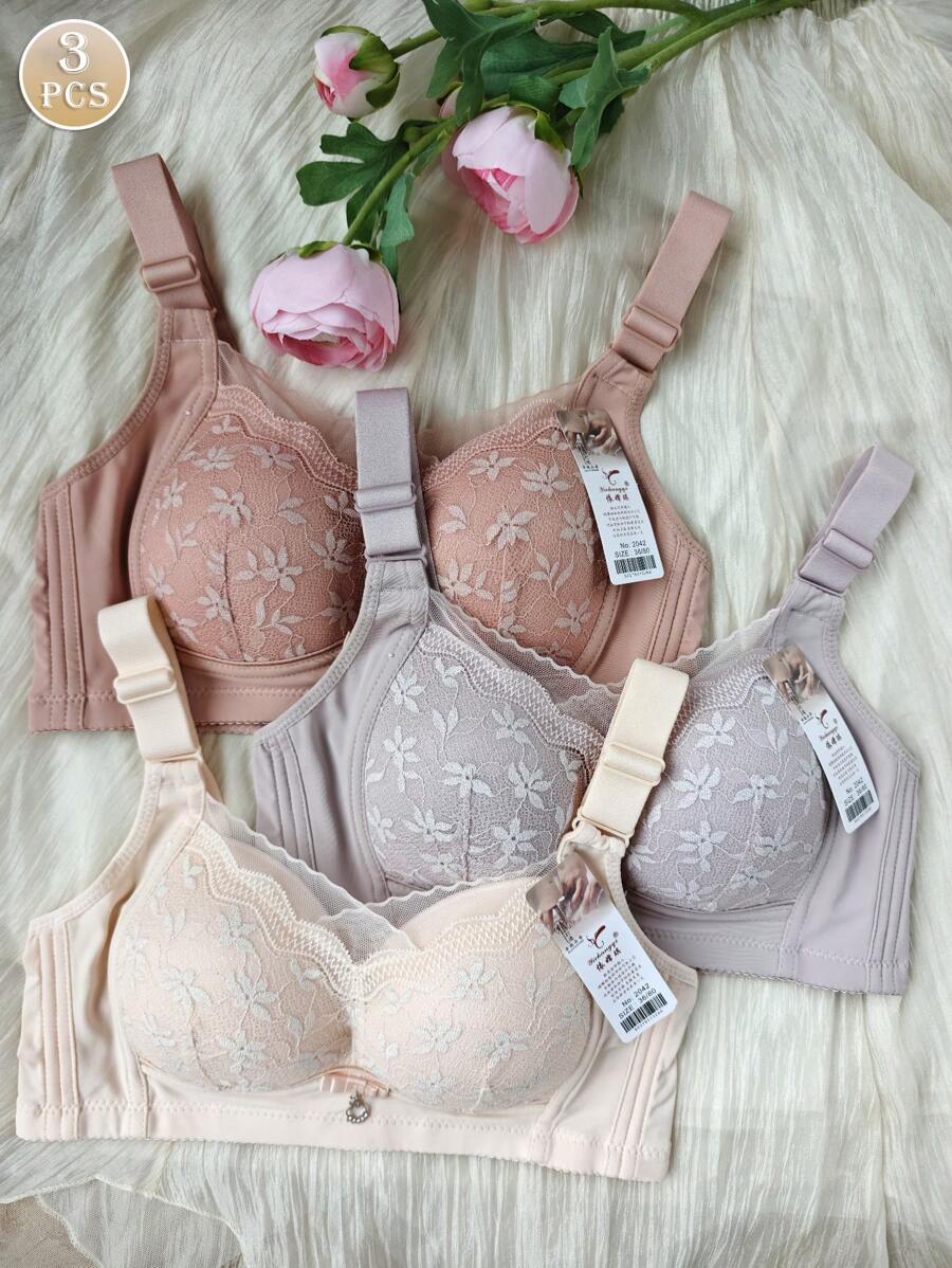 paquete de 3 sujetadores de encaje sin alambres, sujetadores sexy ajustables sin aros para mujeres, gris claro, albaricoque, rosa