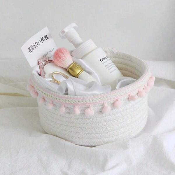 1pc Multi-Color Cotton Rope Woven Home Desktop Storage Basket, Simple And Fashionable Cute Fur Ball Decoration, For Pens, Tissues, Candy Snacks, Toys, Bathroom Bedroom Cosmetics Makeup Arrangement;