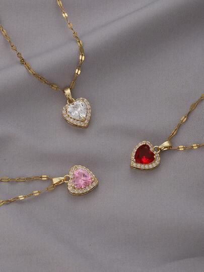 1 pieza Elegante Collar con colgante de corazón de cobre, Collar con forma de corazón, Circonita cúbica, Cadena de acero inoxidable, Regalo de joyería de verano para niñas y mujeres