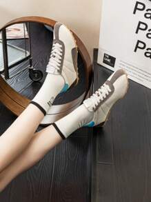 2025 New Fashion Flat Casual Sneakers For Women, Comfortable Versatile Trainers, Retro Color Block Soft Sole Non-Slip Lace-Up Outdoor Shoes, Preppy Style - Blue - View 3