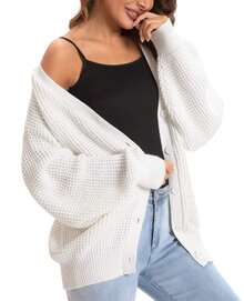 1 Women's Rose/Camel Loose Thick Warm Temperament Sweater Jacket For Home Travel Halloween Top Casual Women's Deep V Neck Drop Shoulder Button Rib-Knit Long Sleeve Midi Cardigan In Wool-Like Fabric - 白色 - 查看 2