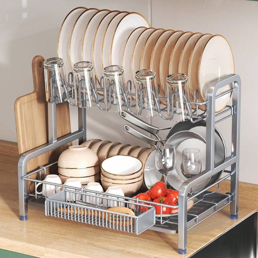 Conjunto de escurridor de platos y escurridor de 2 niveles, escurridor grande de acero inoxidable para encimera de cocina con portavasos (Gris) - Multicolor - Ver 1