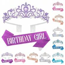 2 Pieces/Set Baroque Rhinestone Birthday Princess Belt Birthday Queen Crown Tiara Rhinestone Birthday Headband Birthday Ribbon Pearl Pin Happy Birthday Crown And Belt Birthday Party Party Decoration Bridal Headpiece Adds A Touch Of Elegance To Your Party Decoration Party Supplies Ribbon