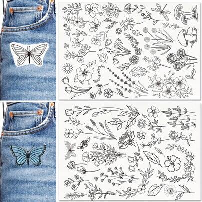 64 件水溶性刺绣稳定剂 2 件套，棒针绣花纸，预印花朵和叶子图案转印，适合手工缝纫爱好者和初学者（花朵）