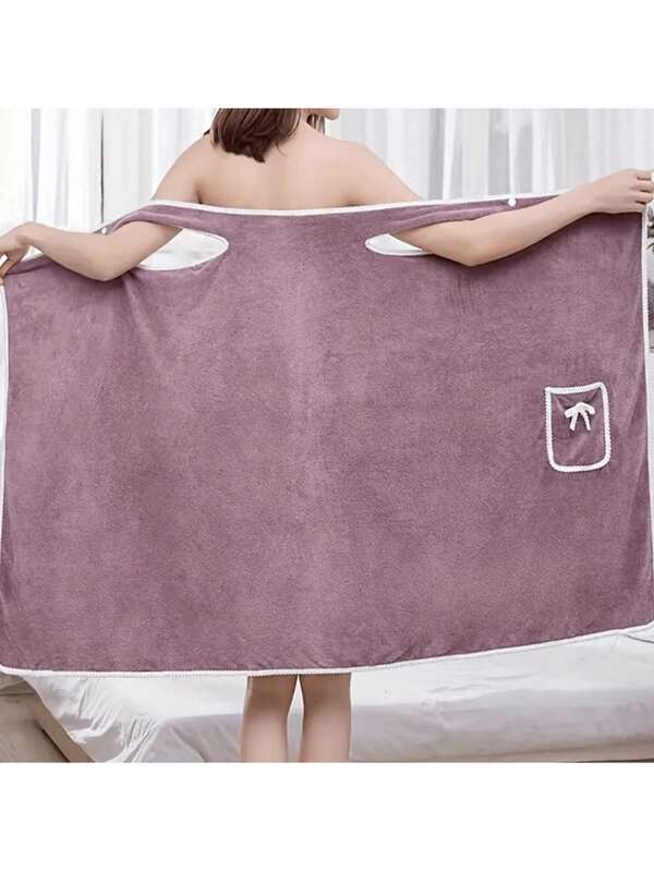 1pc Soft Thick Coral Fleece Bathrobe - Cute Bow Pocket And Absorbency Design, Quick-Dry Towel, Bathroom Essentials - Ideal For Bathing And Towel Straps! Non-Shedding, Non-Pilling, Washable Machine, Women's Exclusive - Comfy Durable Spa Wrap, Best For Bathroom, Camping, Beach, Spa, Hot Spring, Swimming, Travel, New Year, Thanksgiving, Mother's Day, Easter, Valentine's Day Gift