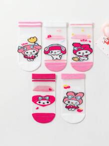 Sanrio 5 Pairs Girls Short Socks, Melo-Dy Baby Boat Socks, Pink Tones, Rabbit, Ice Cream Cartoon Patterns, Cute Casual Style, Thin For Summer, Suitable For Students, Daily, Holidays, Back To School, New Semester, Classroom, Can Be Paired With Skirts, Casual Pants