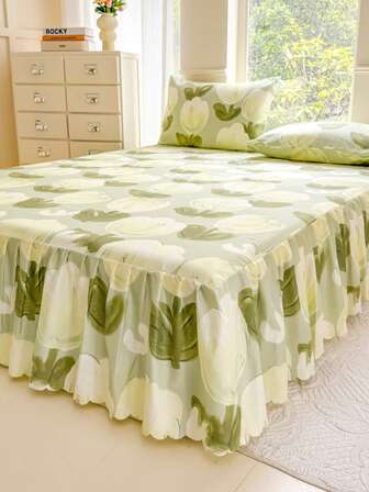 三件套（1个床裙，2个枕套），印花荷叶边床裙，全覆盖防尘罩，带裙摆床裙套装，三件套褶皱床裙配2个枕套床上用品套装，可裸睡，亲肤，吸汗，防潮，柔软，吸汗，柔软，可水洗，不褪色，抗菌床垫保护套套装。