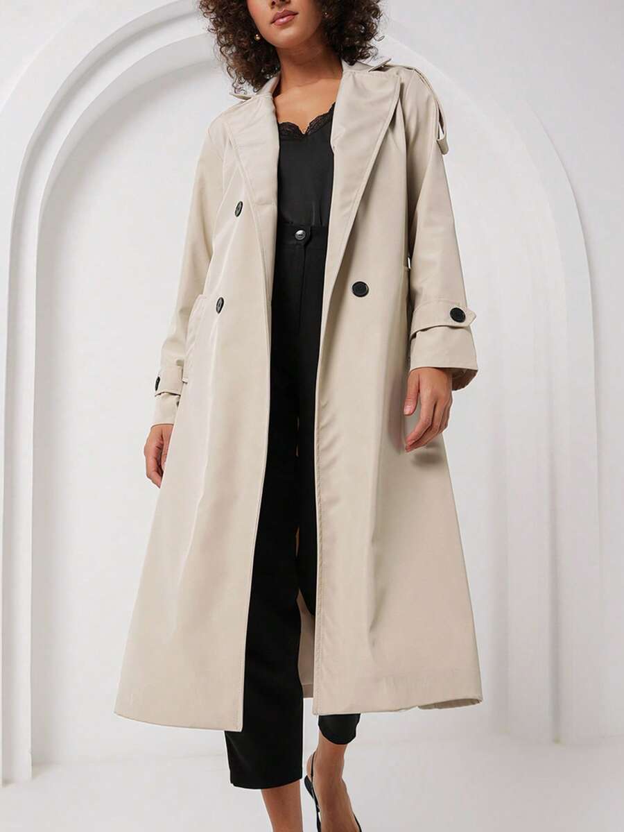 Women's Solid Color Casual Front Buttoned Pocket Long Trench Coat - Beige - View 1