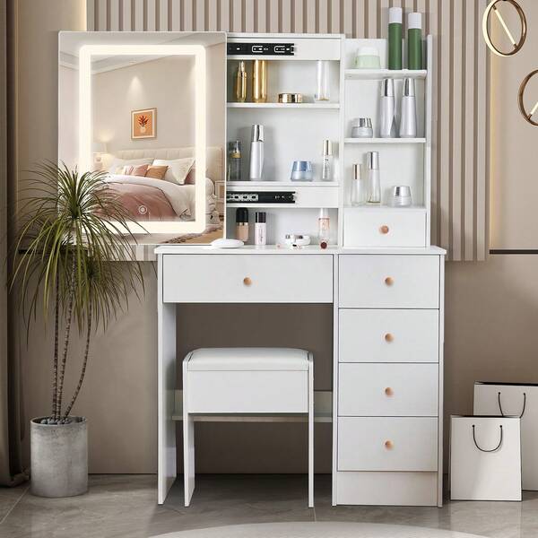 Vanity Desk With LED Mirror & Stool, Makeup Vanity Desk With 6 Drawers Shelves