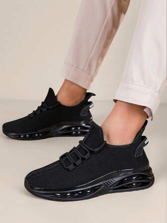Women's Autumn/Winter Fashion Black Mesh Cushioned Sneakers, Lace-Up Thick-Soled Elevated Unisex Couple Shoes, Sporty Commuting Versatile Casual Shoes, Year-End Christmas Gift Essential