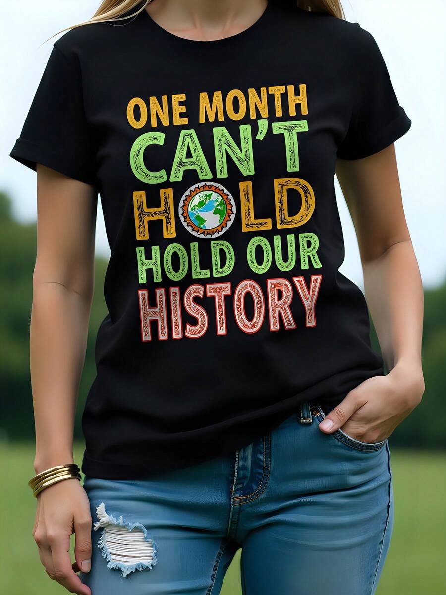 Camiseta de algodón negra con cuello redondo y manga corta, 180 g, cómoda, para mujer, ecológica, para el Mes de la Tierra. No podemos contener nuestra historia. Moda para el Día de la Tierra. Tallas grandes para mujeres. - Negro - Ver 1