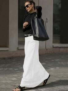 Women's Solid Color Toothpick Striped Design Maxi Elegant Skirt - White - View 4