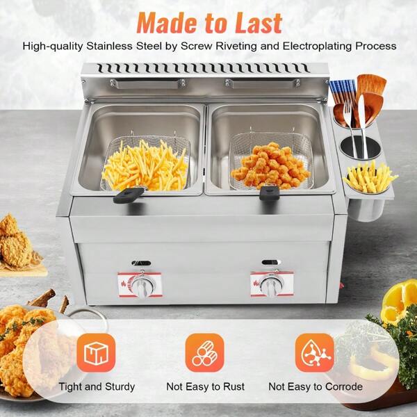 Commercial Double Deep Fryer With Basket, Stainless Steel, Gas Powered, Countertop, Lid, 2x6.34 Qt Tank, Adjustable Firepower For Restaurant