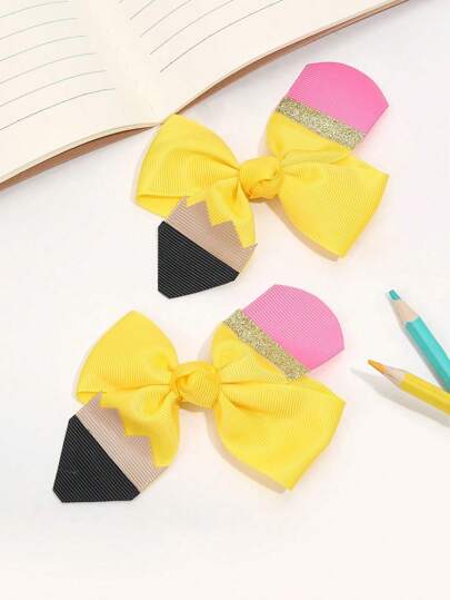 2pcs Back To School Bow Hair Clip For Girls,Yellow Pencil Shape Hair Bows For Students Girls Hair Accessories