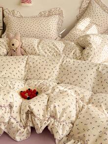 4 件套花卉床上用品套装，柔软舒适的卧室床单，花卉设计，紫色可爱花朵图案，透气柔软的四季床上用品套装，包括 1 个羽绒被套、1 个床单、2 个枕套，无需填充，适用于卧室、宿舍、家庭使用，多种尺寸可选 - 紫色 - 查看 3