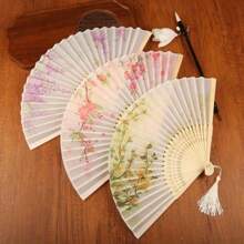 1 szt. Vintage składany bambusowy wentylator, styl retro boho ozdobiony czarnym motylem, kwiatami i frędzlami, kolorowy modny dodatek dla kobiet, wiosna/lato