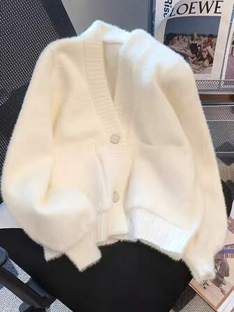 Oversized Soft And Fuzzy V-Neck Knitted Sweater, Cozy For Autumn/Winter