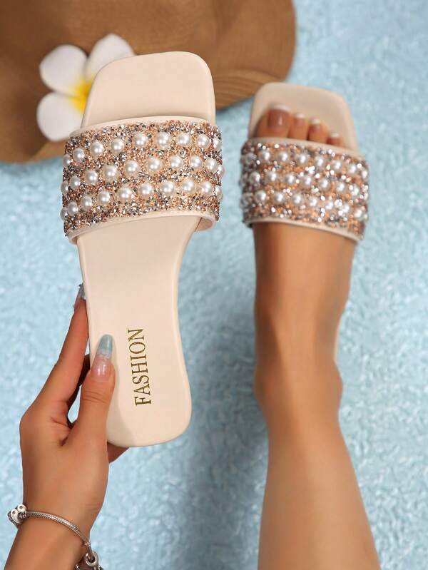 Nuevos Chanclas/Zuecos de talla grande 2025 con punta cuadrada, sin deslizamiento, con aplicaciones de cristales y perlas, versátiles para la playa/resort