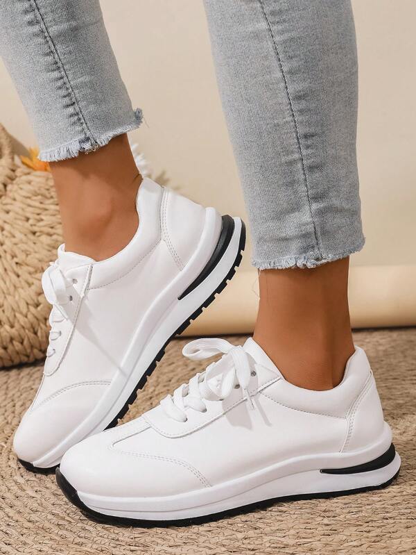 1 Pair Solid Color Preppy Style Casual Lace-Up Sneakers For Women, Suitable For Casual, Workout, Home, Office, Party, Holiday, Spring/Autumn/Winter