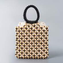 ENSPT One-Piece Set Of Contrasting Color Maple Wood Material Women's Handbag, With A Hollow And Lightweight Drawstring Closure, A Beach Bag For Women, Essential For Seaside Travel And Vacation.