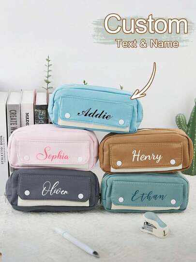 Personalized Stationery Storage Pouch, Custom Name Text, Multi-Color Options, Suitable For School, Office, Customized Canvas Pencil Case With Letters, Student Supplies, Back To School Items, Gift, Teacher's Pencil Bag, Birthday Gift For Classmates, School Supplies