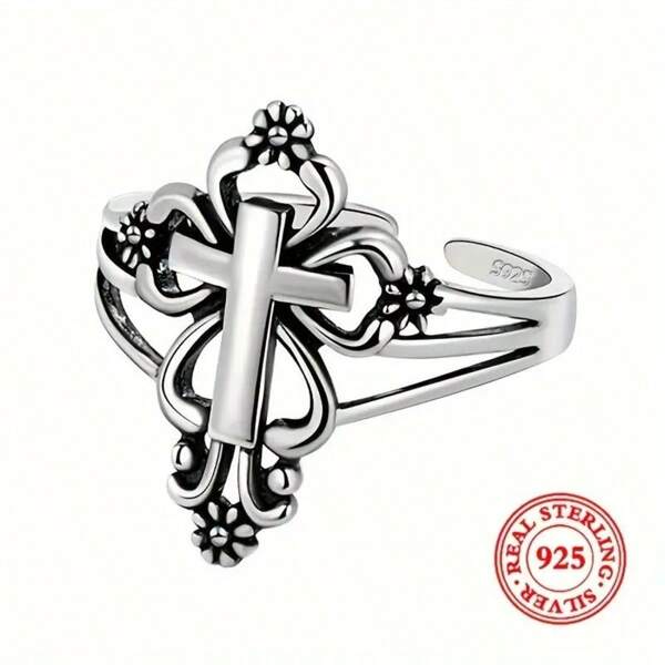 Kreuz Ring, oxidierter 925er Sterling Silber verstellbarer offener Ring, hypoallergen