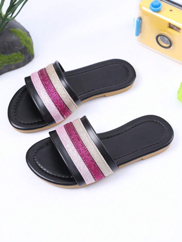 1 Pair Summer Kids Open Toe Flat Sandals With 3-Stripe Decor, Casual & Fashionable, Girls Beach/Holiday Shoes