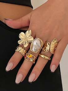 6 pièces/Set Bague en métal rétro décorée de fleurs et de pierres gemmes, bagues de style baroque élégantes avec faux perles, bagues punk rock dorées pour les phalanges, convenant pour un port quotidien, les fêtes, les cadeaux, accessoires de mode multifonctionnels, cadeaux pour la Saint-Valentin, la fête des Mères