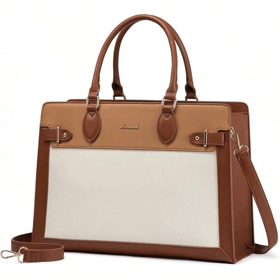 17 Inch Laptop Tote Bag Women, Business Computer Briefcase, PU Leather Tote, Large Office Shoulder Bag Teachers, Work Accessory - 棕褐色 - 查看 1