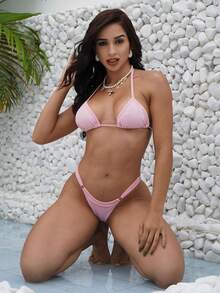 Sexy Tanning Bikini With Adjustable Thin Strap And Thong - Baby Pink - View 2